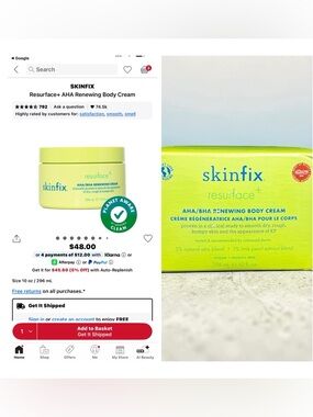 Skinfix Resurface+ AHA/BHA Renewing Body Cream 10 oz / 296 mL. NIB